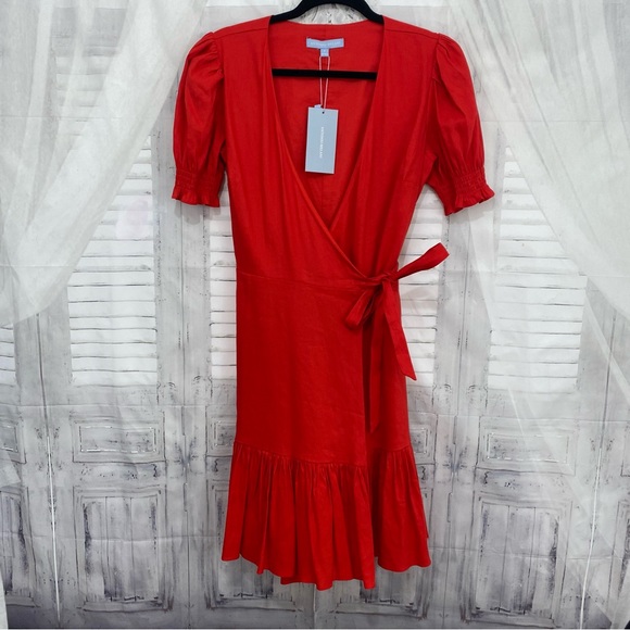 Antonio Melani Solid Red Linen Surplice V-Neck Short Puff Sleeve Wrap Tie Dress - Picture 9 of 15